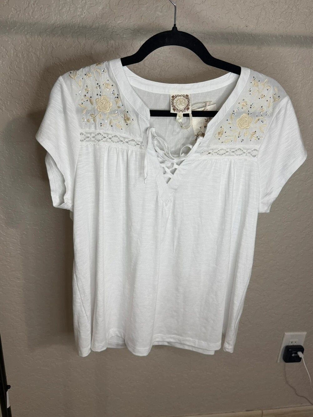 White Embroidered Rhinestone Lace-Up Blouse Size L NWT